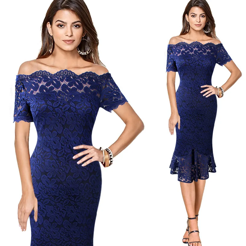 

Women Off Shoulder Dress Vestido Elegant Fashion Trumpet Mermaid Lace Knee-Length A Line Slash Neck Bandage Dress