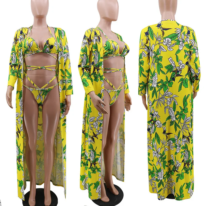 

Swimsuit Women 3 Piece Bathing Suit 2021 Summer New Shawl Strap Beach V Waist Push Up Swimwear Green Printed One Beach Shawl