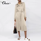 Celmia 2022 летнее женское легкое атласное платье миди с поясом, Повседневное платье-рубашка с длинным рукавом, Летние Элегантные платья с отворотом и разрезом