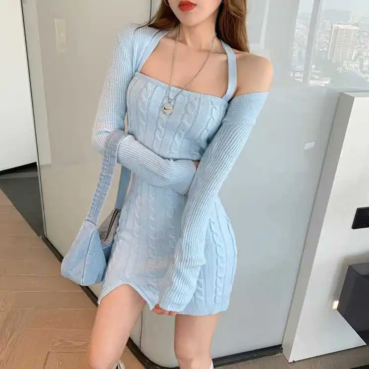 

Spring and Summer New Elegant Halter Knitted Dress + Knitted Outerwear Shirt Top Two-Piece Set Fashion Suit Women's Clothing