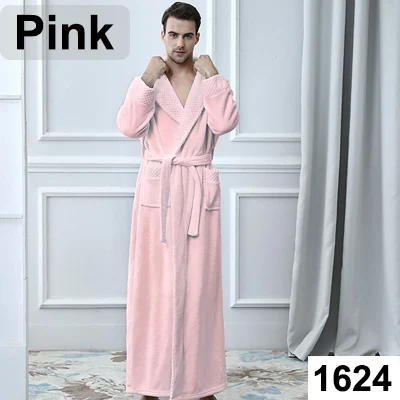 Men Pink Мужской удлиненный фланелевый зимний теплый халат размера плюс, вафельное кимоно, банный халат для женщин и мужчин, халат из кораллового флиса - Цвет: Men Pink