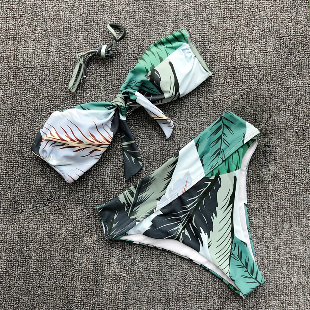 Купальник с принтом листьев высокая талия бикини без бретелек комплект