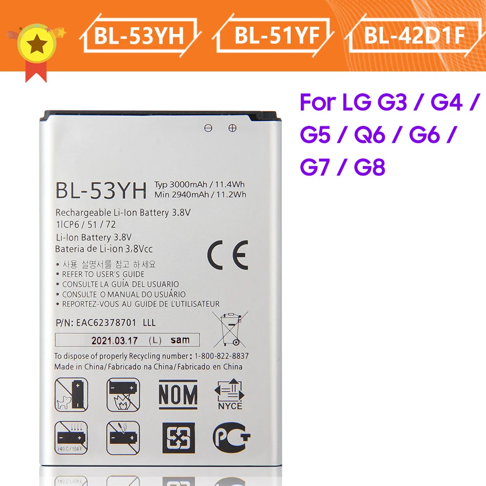 

Original Battery BL-53YH BL-42D1F BL-T33 BL-51YF BL-T39 BL-T32 BL-T41 for LG G3 G5 G6 G7 G8 Q6 G6 Mini M700 G4 H818 F500