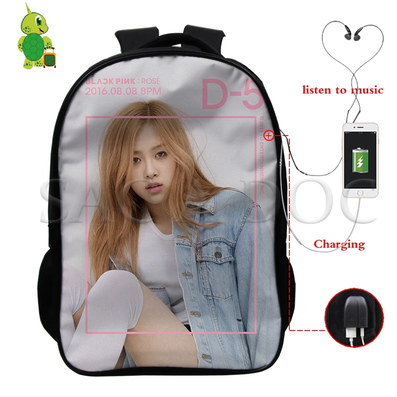 Рюкзак Mochila Kpop, черный, розовый, USB зарядка, рюкзак Kill This Love Rose/Lisa, женский, мужской, многофункциональный, школьный рюкзак, дорожные сумки - Цвет: 9