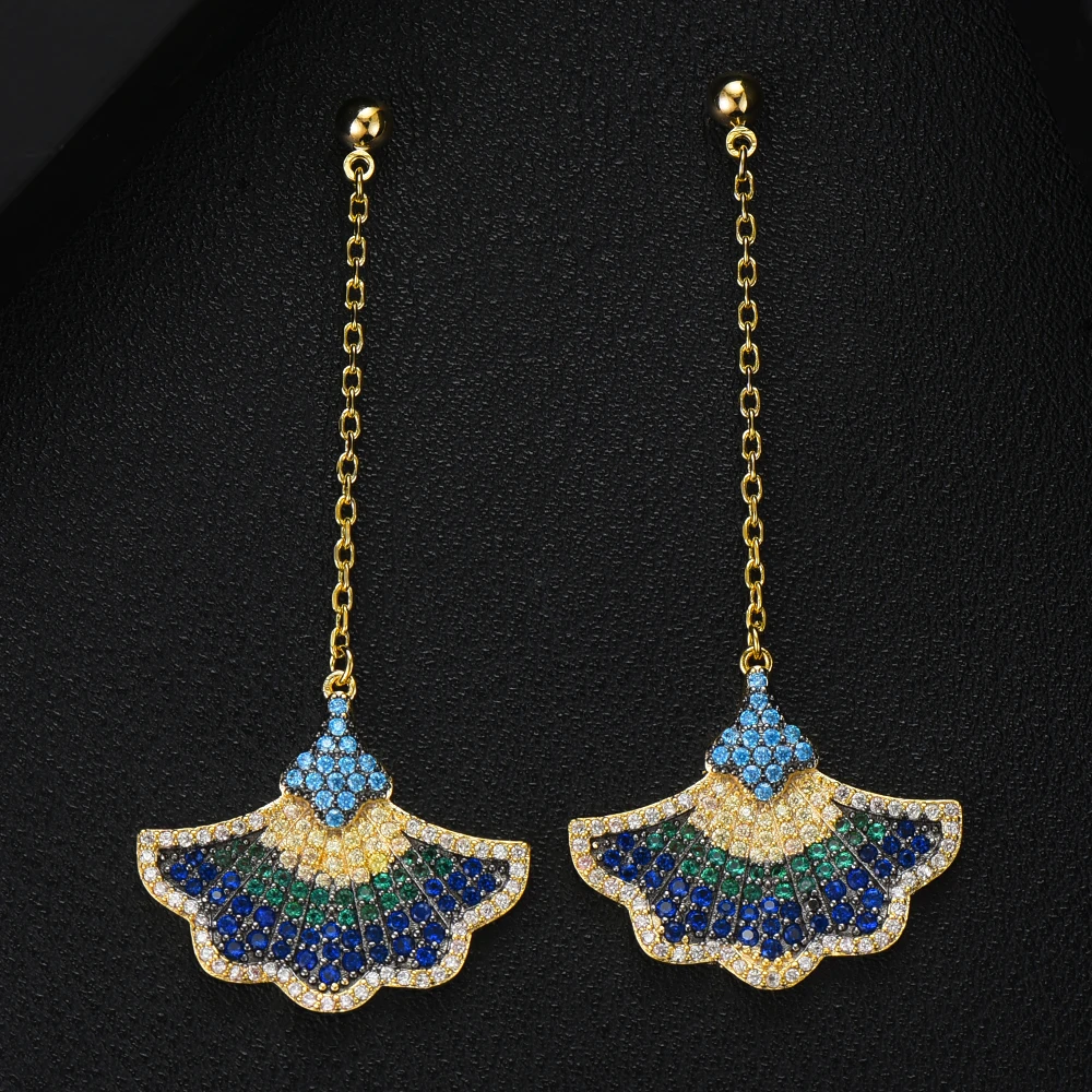 Висячие серьги подвески для женщин свадебные с листьями гинкго и фианитами из