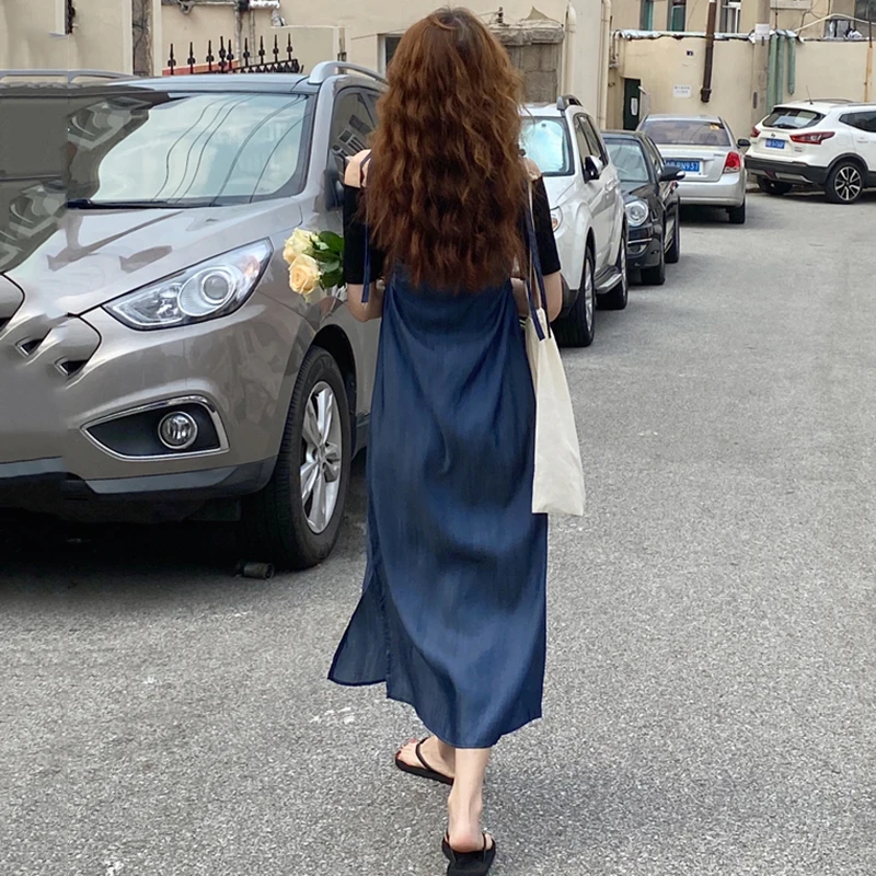 

Vintage Women Fashion Two Pieces Set Maxi Dress Side Split Solid Slim Black Sexy Tshirt Summer 2 Pieces Set Thin Suit
