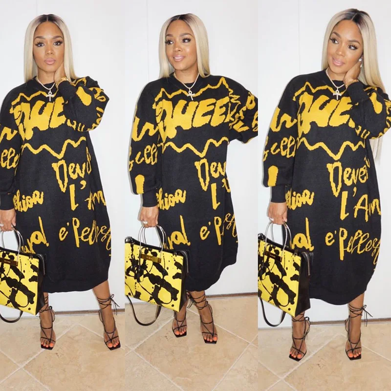 

2020 New Fashion Autumn Winter Women Loose Dress Plus Size Long Sleeve O Neck Letters printed long Dress Streetwear