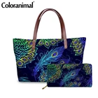 Популярная модная вместительная сумка Coloranimal с верхними ручками, женская сумка через плечо с принтом павлиньих перьев, женская сумка-тоут, сумка 2021