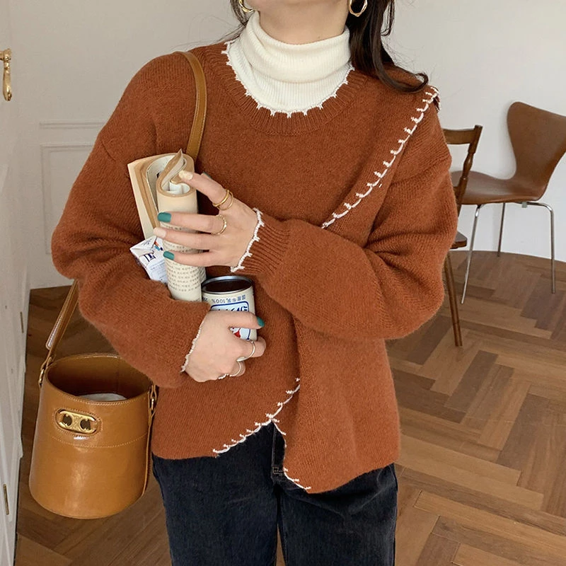 

Round Neck Pullover Tops Collar Contrast Color Loose Design Side Slit Long-sleeved Knitted Sweater Women Korean Fashion Clothing
