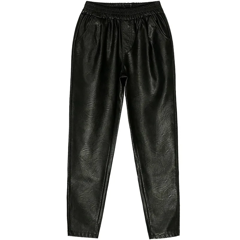 

Korean High Waist PU Leather Womens Harem Pants Fashion Elastic Waist Loose Fit Streetwear Female Ankle Length Pants Plus Size