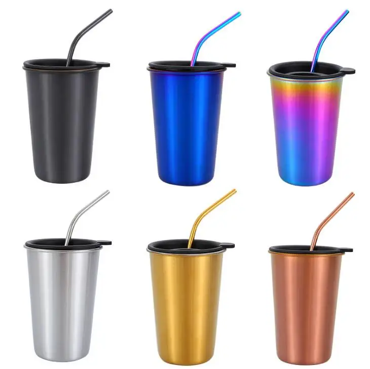 

500ml 17oz 304 Stainless Steel Coffee Mugs Tumbler Outdoor Camping Travel Mugs Drinking Tea Beer Cups Mugs With Lids & Straws