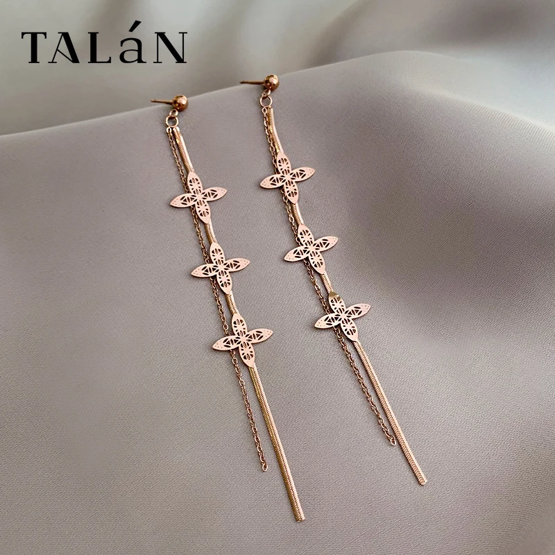 Женские длинные серьги гвоздики из титановой стали цвета розового золота в