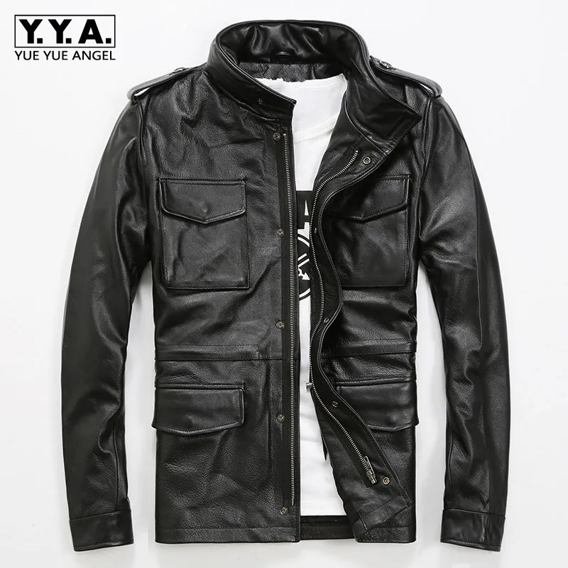 Мужское байкерское пальто винтажное облегающее из натуральной коровьей кожи с
