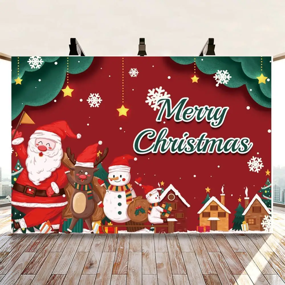

Happy Christmas Banner Newborn Backgrounds Photography Snow Cartoon Santa Claus Children Party Backdrops Room Decor For Photo
