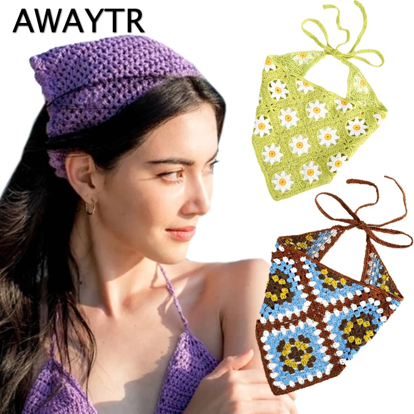 

AWAYTR Women Flower Hairband New Crochet Triangle Bandanas Headband Elastic Hair Bands Turban Headbands Autumn Hair Accessories