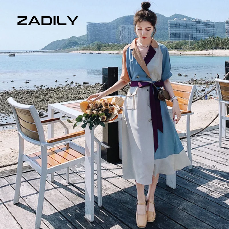 

ZADILY French Style Short Sleeve Office Lady Shirt Dress Patchwork Chic Sashes Women Maxi Dresses 2021 Summer Female Party Robe