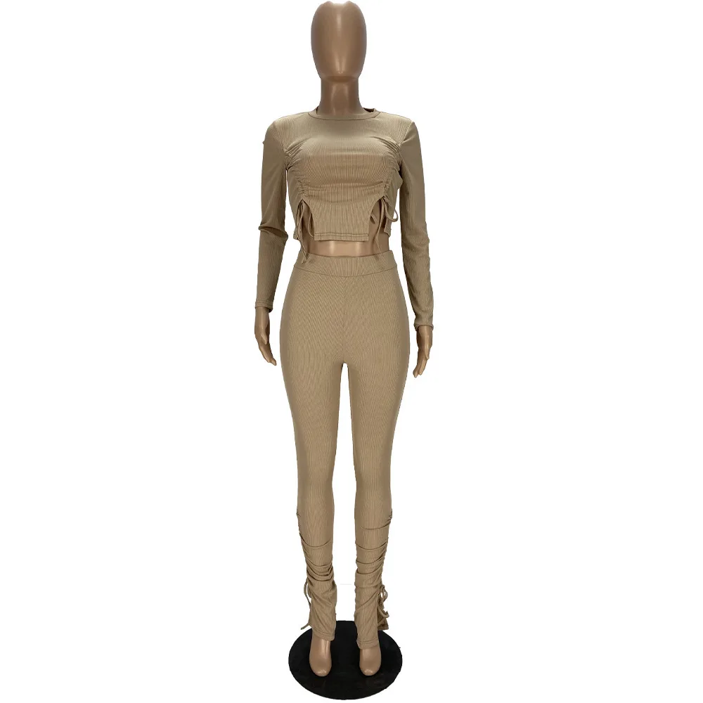 

Elastic Hight Ruched Drawstring 2 Piece Matching Sets Women's Costume Long Sleeve Ribbed Crop Top & Stacked Sweatpant Sweatsuits