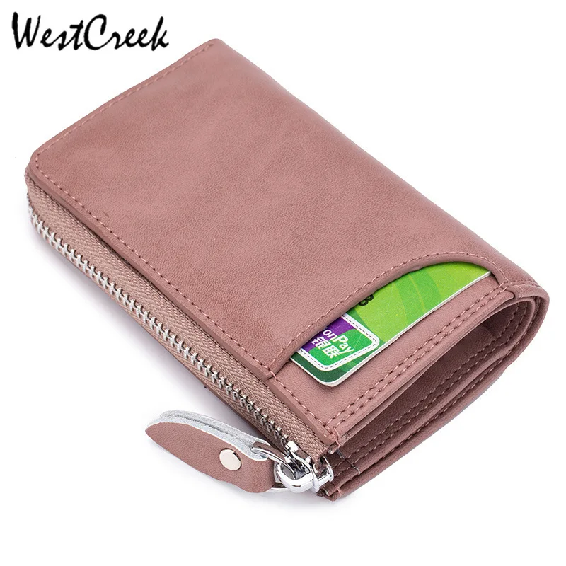 

WESTCREEK Brand Leather Women Zipper Key Wallet Key Holder Minimalist Men Key Organizer Credit Card Bag with 6 Keyring