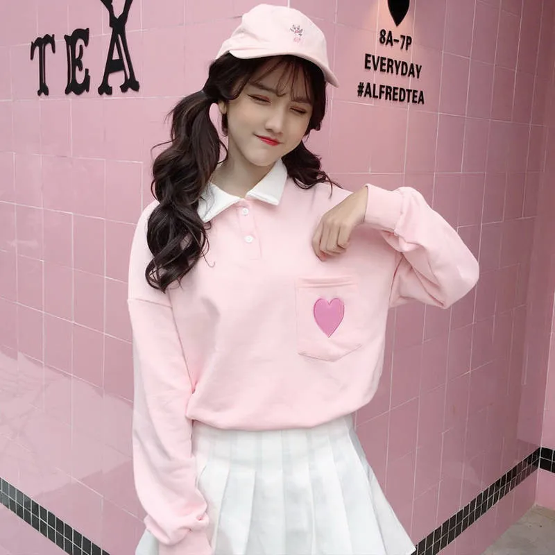 Весенние женские толстовки с капюшоном с длинным рукавом Kawaii Boyfriend style, осенняя уличная Толстовка Харадзюку с милым принтом сердца, Женская толстовка