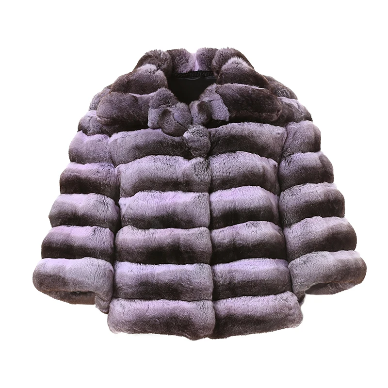 FURSARCAR 2021 New Natural Rex Rabbit Fur Jacket With Collar Purple Color Short Winter Women Coat Fashion Chinchilla Fur Outwear