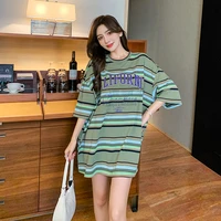 2021 summer new style cotton striped loose large size printed round neck t shirt