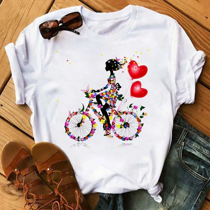 

Funny Bicycle with Sunflower T-shirts Summer Short Sleeve T Shirt Kawaii Woman Tops Loose Women Tshirt Fashion Female Shirts