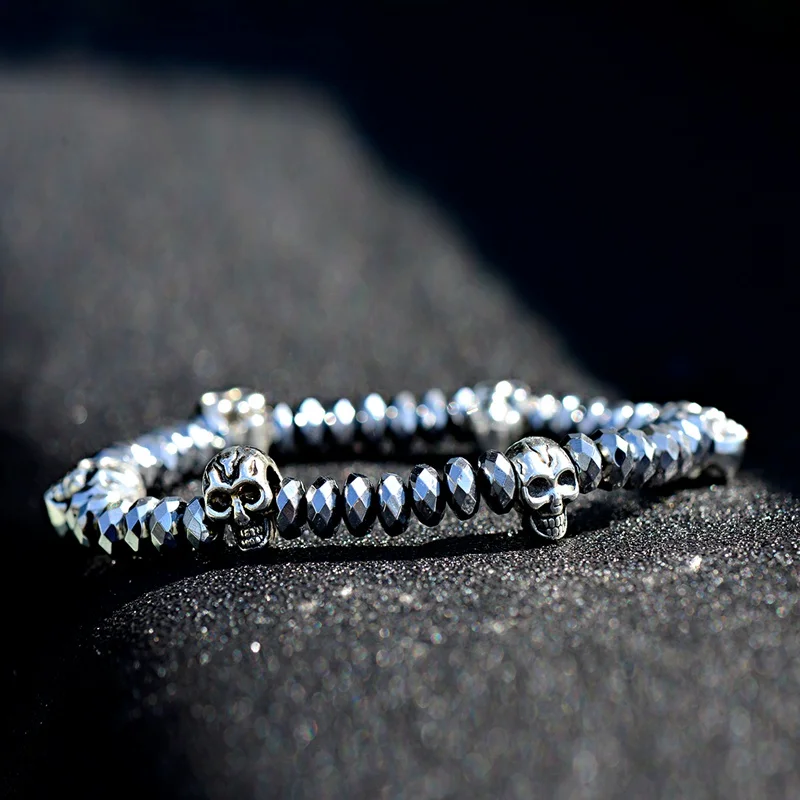 Высокое качество очарование гематит камень мужской браслет крутой байкер