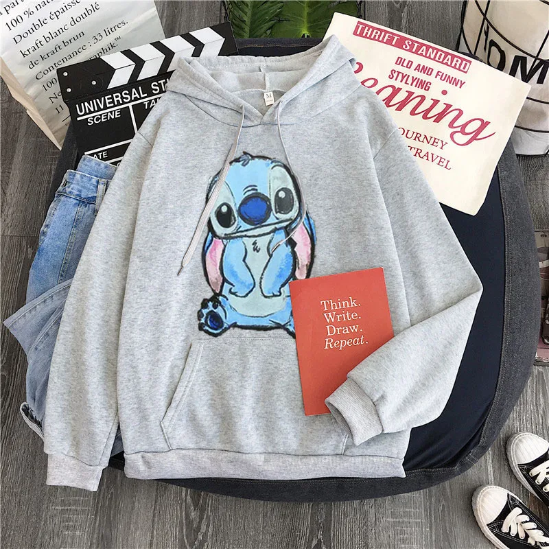 

Disney Autumn Thick Cartoon Loose Hoodies Sweatshirt Women Stitch Printed Casual Hooded Pullover Female Thicken Coat