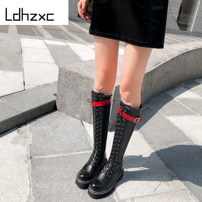 

LDHZXC 2020 New genuine leather boots women punk combat platform boots ladies footwear autumn winter knee high boots for women
