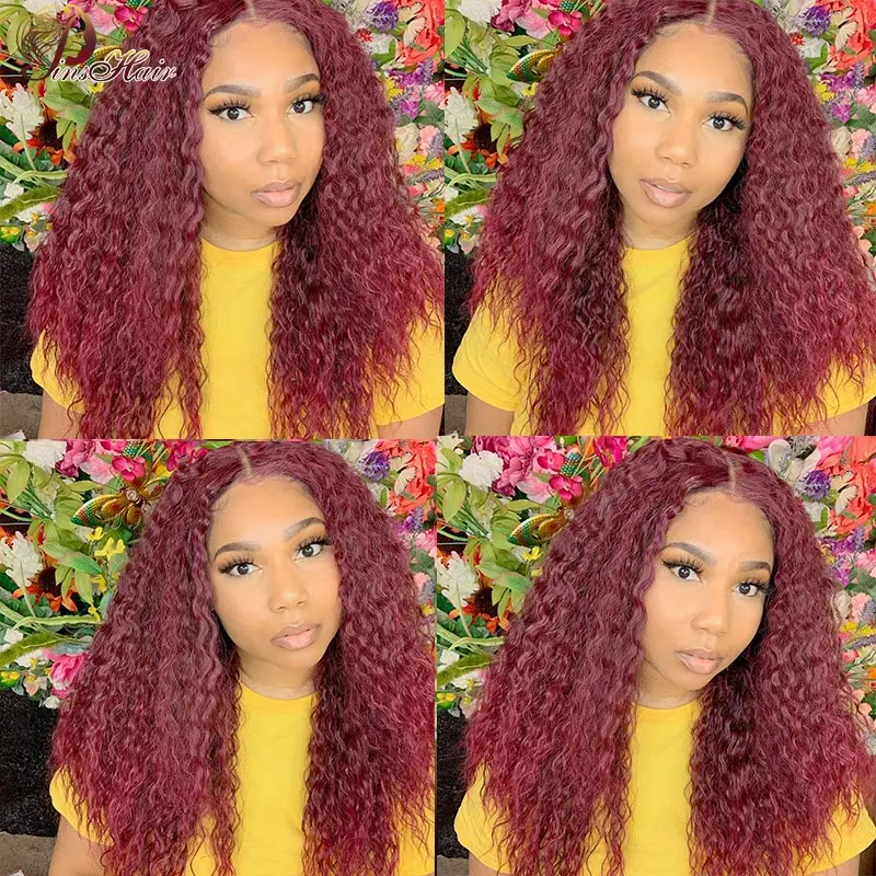 

Colored Water Wave Brazilian Human Hair 4 Bundles With Closure Burgundy 99J Red Bundles With Closure Pinshair Remy Hair Can Dyed