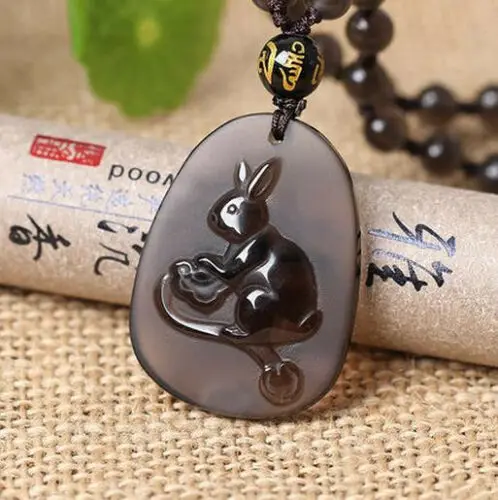 Подвеска из натурального обсидиана кролик талисман на удачу|Ожерелья с