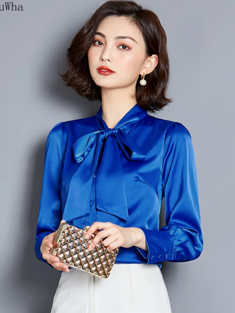 Шифоновая рубашка со шнуровкой и большим бантом с длинными рукавами женская из