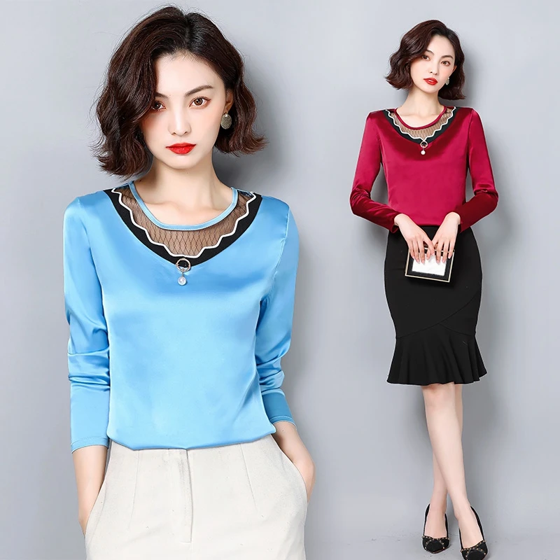 Корейские модные шелковые женские рубашки атласные кружевные блузки с длинным