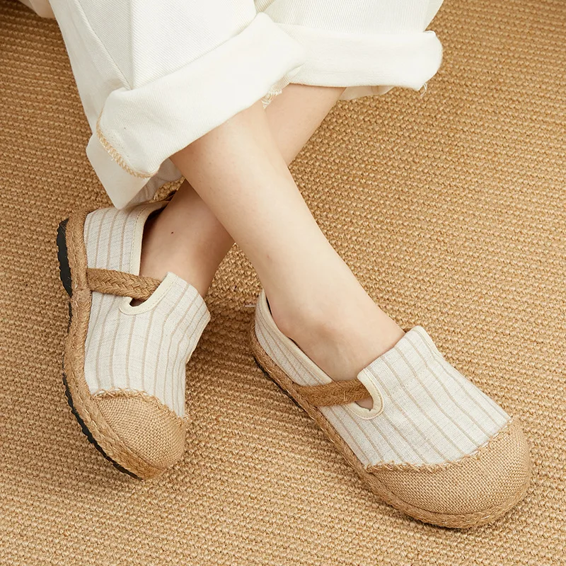 

YourSeason Striped Casual Flats Ladies Round Toe 2021 New Shallow Concise Handmade Women Cotton Linen Shoes