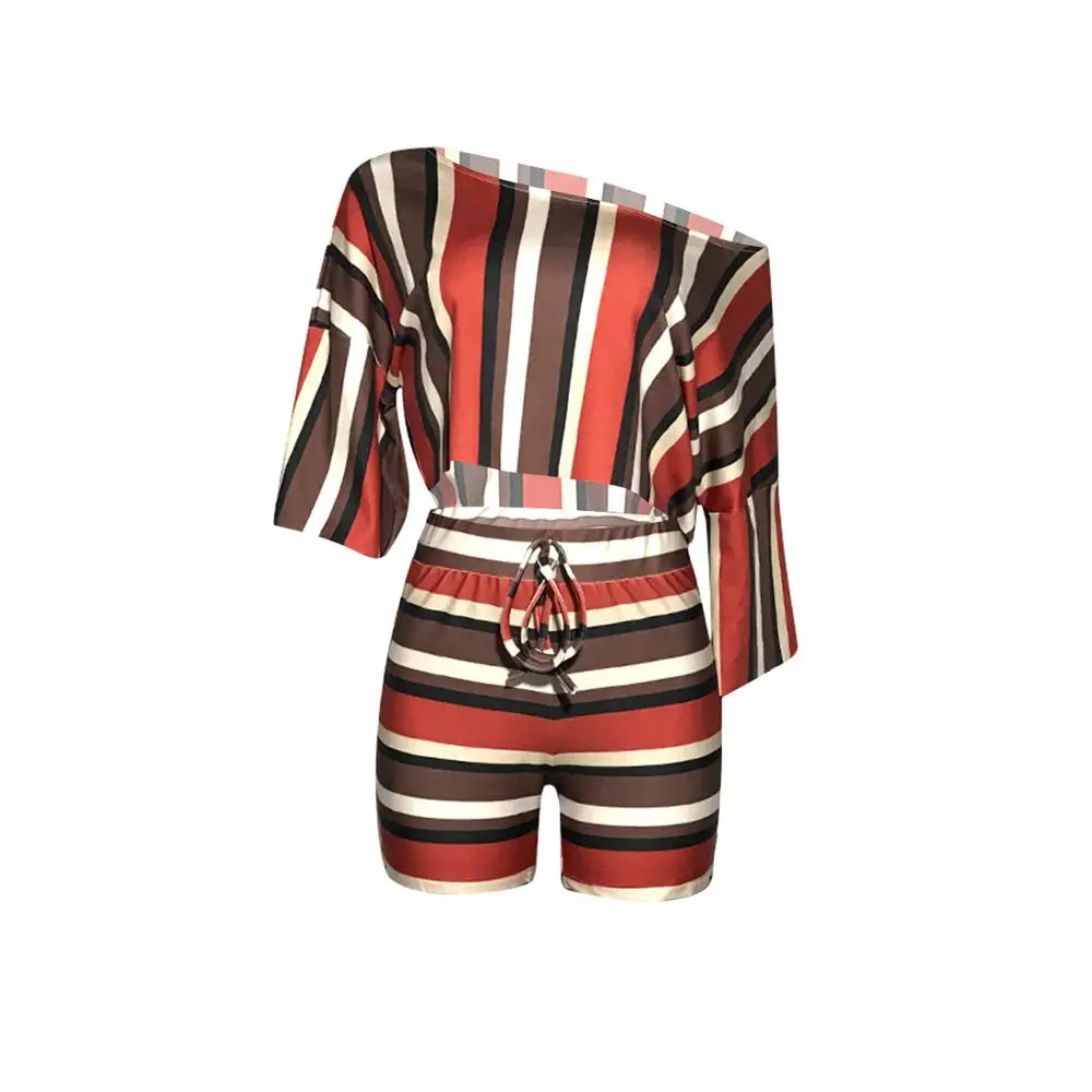 

Plus Size S-5XL Casual Striped Women Two Piece Set Half Sleeve Shirt Crop Top + Pants One Shouder tracksuit Summer Set