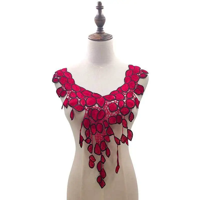 

Exquisite Red Flowers Lace Embroidered Applique Patches Sticker Neckline Collar Evening Dress Guipure Garment Sewing Trimmings