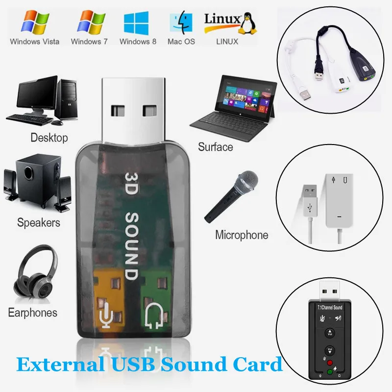 

Multiple Types Portable External Sound Card USB 2.0 3D Virtual 5.1/7.1 Channel 3.5mm Interface Audio Adapter For PC Desktop