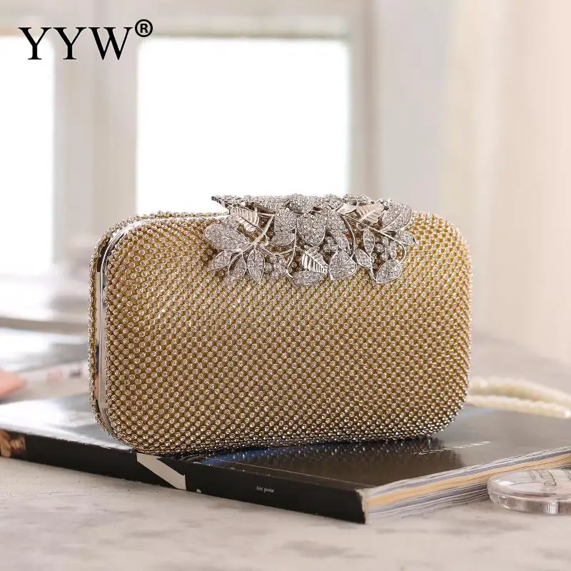 

Crystal Evening Banquet Handbag Purse Metal Rhinestone Leaf Gold Clutch Bag Women Wedding Luxury Designer Full Wedding Clutches
