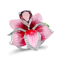 new silver color pink rose flower rings for women water drop red crystal zircon ring female wedding engagement jewelry