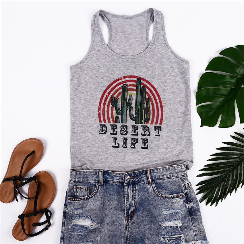 Майка женская серая с принтом кактуса модный топ без рукавов круглым вырезом и