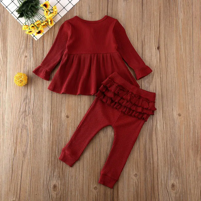 Infant Kids Baby Girl Boys Clothes Sets Solid Long Sleeve Knitted Tops Dress+Ruffle Leggings Pants Outfits | Детская одежда и