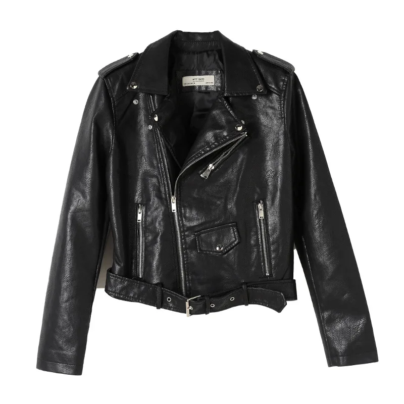 

female 2020 Korean handsome PU leather jacket slant design motorcycle leather coat