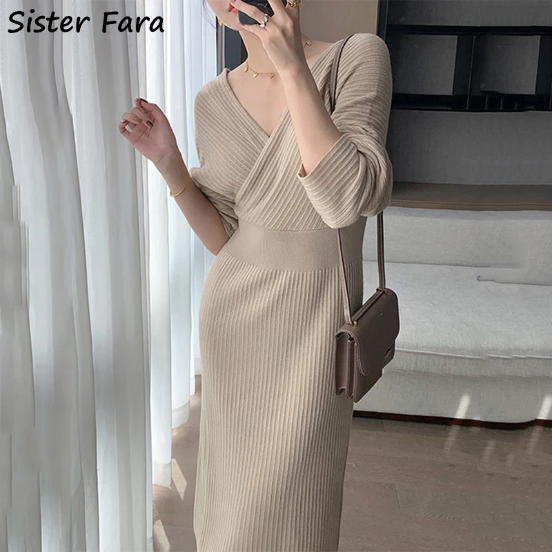 

Sister Fara New Autumn Winter Elegant V-neck Knit Dresses for Women Solid Knitting Mid-Calf Dresses Ladies High Waist Slim Dress