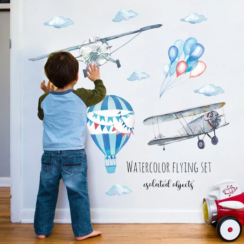 

Watercolor airplane hot air balloon Wall Sticker kids baby rooms home decoration PVC Mural Decals nursery stickers wallpaper