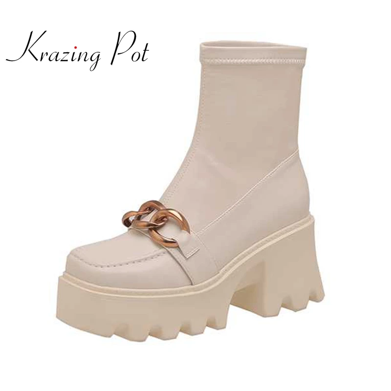

krazing pot cow split leather square toe high heels waterproof metal decoration Korean girls streetwear basic ankle boots L0f2