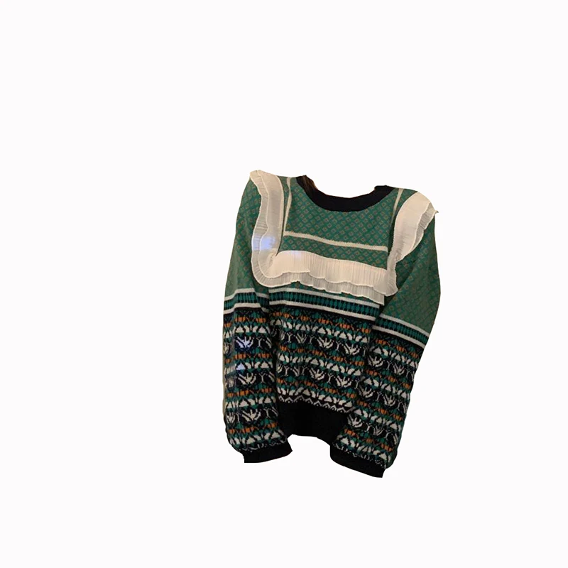 

New Knitted Pullover for Women in Autumn and Winter 2020, Korean Version, Green Sweater with Round Collar and Ruffle Sweater