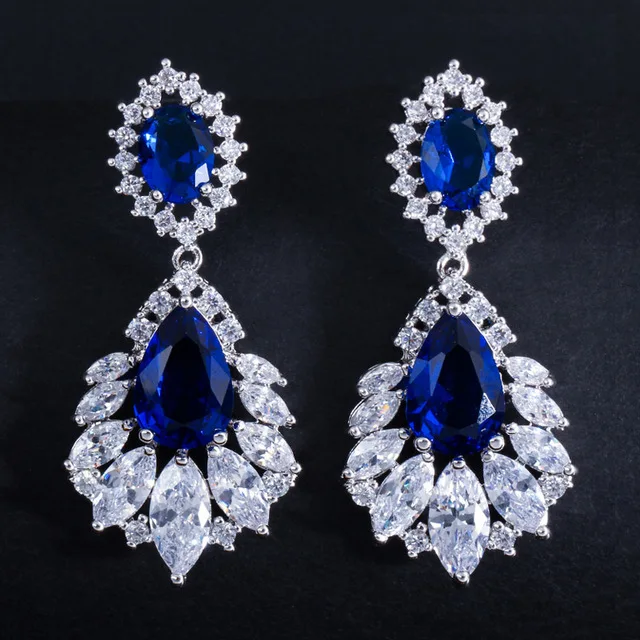 Royal blue ThreeGraces Винтаж свадебные серьги Большой Люстра кубического циркония Проложить глубокий красный камень Для женщин длинные серьги для свадьбы ER042 - Окраска металла: Royal blue