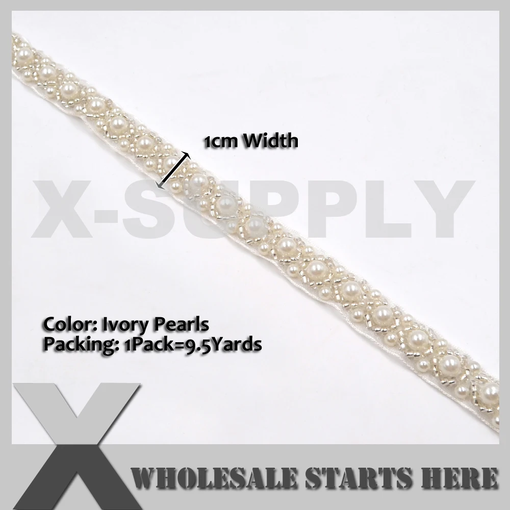 

1cm Width Ivory Pearl Beaded Ribbon Trim For Headband Wedding Decoration Sewing Craft Decorations 9.5Yards/Lot