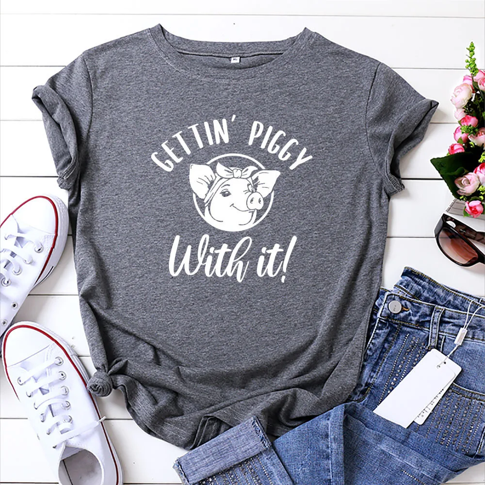 

2020 Summer Piggy Print Women T -shirt 100% Cotton Short Sleeve Round Neck Harajuku Tee Casual Fashion Female