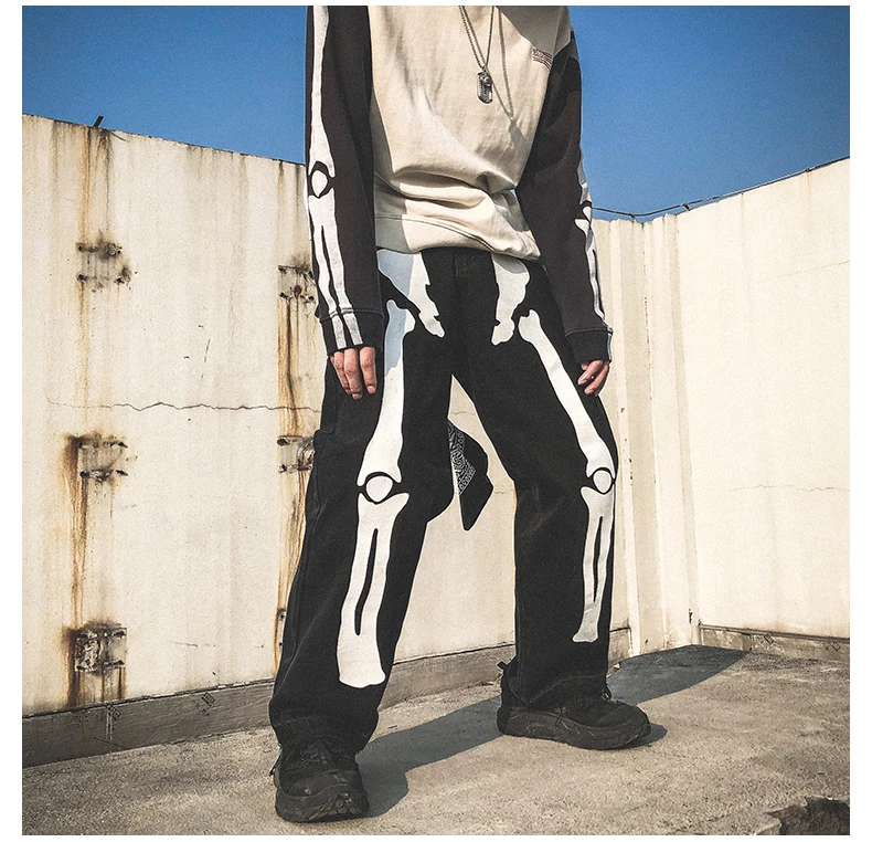

Men Skeleton Oversized Black Jeans Pants 2021 Denim Mens Streetwear Hip Hop Harem Pants Denim Pants Overalls